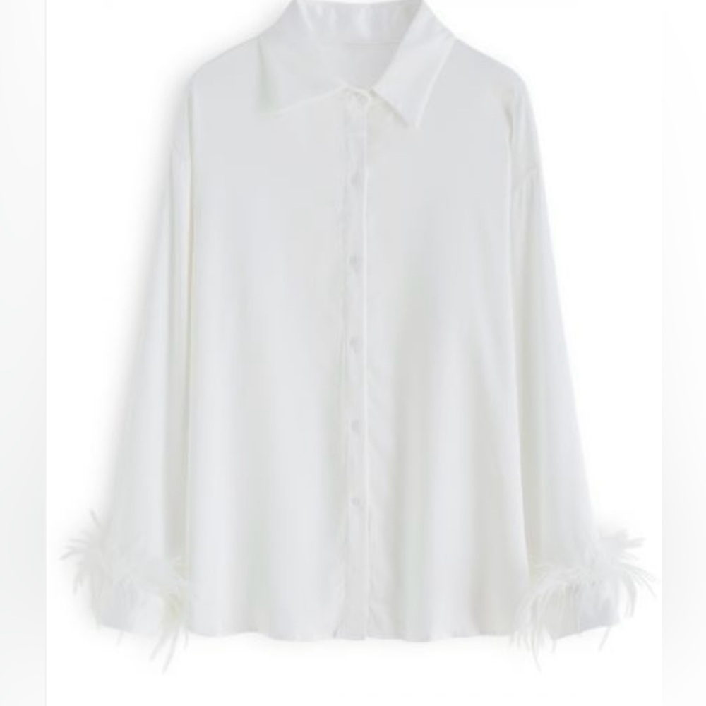 Lulu's White Feather-Cuff Button Down Shirt